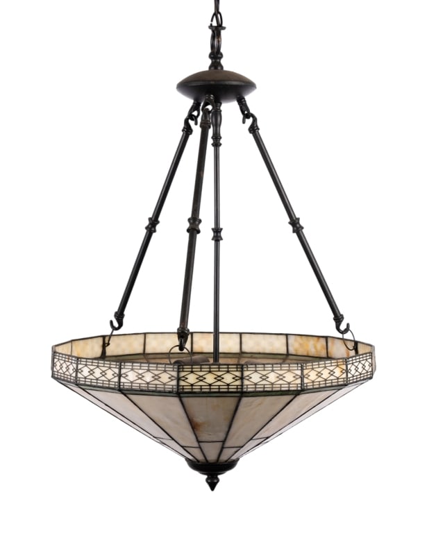 TIFFANY STYLE 3 LIGHT HANGING LIGHT FIXTURE: Tiffany Style 3 light hanging light fixture with ivory stained glass. Approximate dimensions: h. 31", dia. 20" Disclaimer: Participating bidders must have a credit card on file with LiveAuctioneers