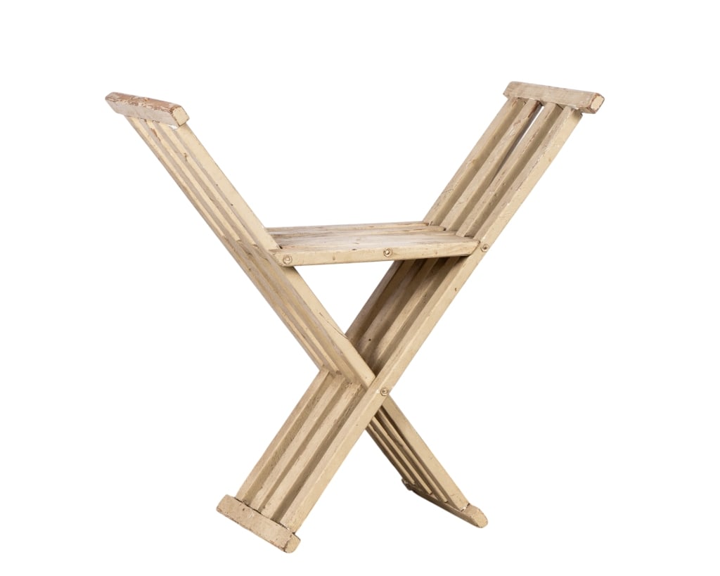 20TH CENTURY RUSTIC SAVONAROLA CHAIR: 20th century. Rustic Savonarola chair. Approximate dimensions: h. 24", w. 25", d. 11" Disclaimer: Participating bidders must have a credit card on file with LiveAuctioneers in order for their bidding