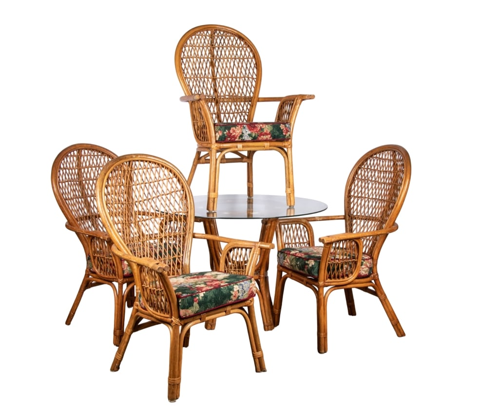 HOLLYWOOD REGENCY STYLE RATTAN TABLE & 4 CHAIRS (1 of 12)