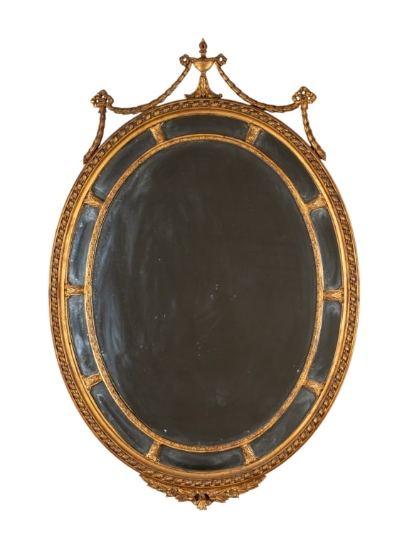 VINTAGE NEOCLASSICAL STYLE GILDED MIRROR: Vintage Neoclassical style gilded mirror with flame finial, floral garlands, and ribbon swags. Approximate dimensions: h. 49", w. 32.5", d. 2.25" Disclaimer: Participating bidders must have a credit