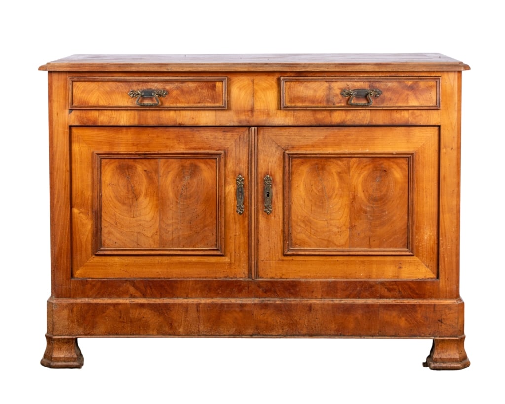 LOUIS PHILIPPE STYLE FRUITWOOD BUFFET: Louis Philippe style fruitwood buffet. Approximate dimensions: h. 38.25", w. 53", d. 24" Disclaimer: Participating bidders must have a credit card on file with LiveAuctioneers in order for their