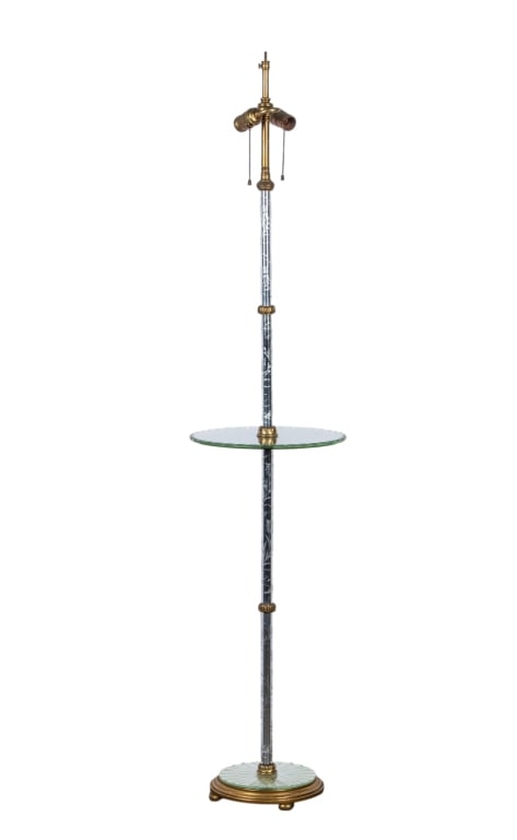 20TH CENTURY ETCHED GLASS FLOOR LAMP: 20th century etched glass floor lamp. Approximate dimensions: h. 58", dia. 12" Disclaimer: Participating bidders must have a credit card on file with LiveAuctioneers in order for their bidding