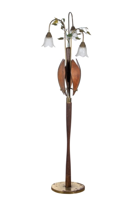 MID-CENTURY WALNUT & BRASS FLOOR LAMP: Mid-century walnut and brass floor lamp with floral design, three light, and floral motif shades. Approximate dimensions: h. 69", dia. 13" Disclaimer: Participating bidders must have a credit card on