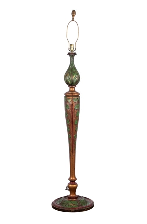 20TH CENTURY CARVED IVY MOTIF FLOOR LAMP: 20th century carved ivy motif floor lamp. Approximate dimensions: h. 69", dia. 15" Disclaimer: Participating bidders must have a credit card on file with LiveAuctioneers in order for their bidding