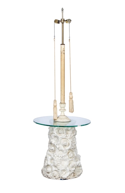 VICTORIAN STYLE FLORAL MOTIF FLOOR LAMP: Victorian style floral motif floor lamp with two lights, glass table, and floral elements to the base. Approximate dimensions: h. 58", dia. 20" Disclaimer: Participating bidders must have a credit