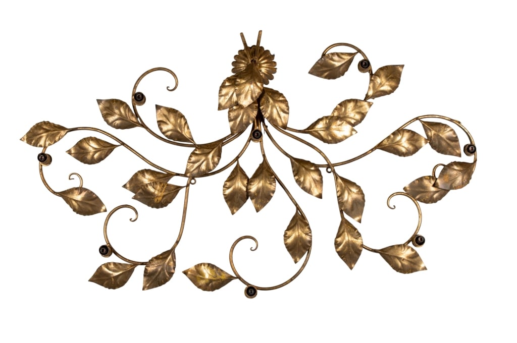 LARGE ITALIAN TOLE WALL LIGHT FIXTURE: Large Italian tole wall light fixture with botanical motif throughout. Approximate dimensions: h. 31", w. 56", d. 6.5" Disclaimer: Participating bidders must have a credit card on file with