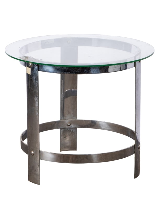 MODERN CHROME & GLASS ACCENT TABLE: Modern chrome and glass accent table. Approximate dimensions: h. 20", dia. 24" Disclaimer: Participating bidders must have a credit card on file with LiveAuctioneers in order for their bidding