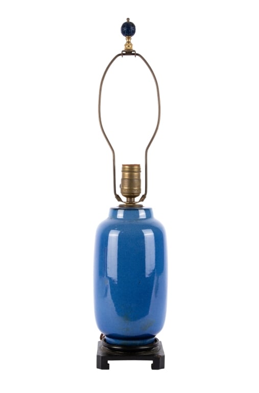 CHINESE BLUE PORCELAIN VASE MOUNT AS LAMP: Chinese blue porcelain vase mounted as lamp. Approximate dimensions: h. 22.75", dia. 5" Disclaimer: Participating bidders must have a credit card on file with LiveAuctioneers in order for their