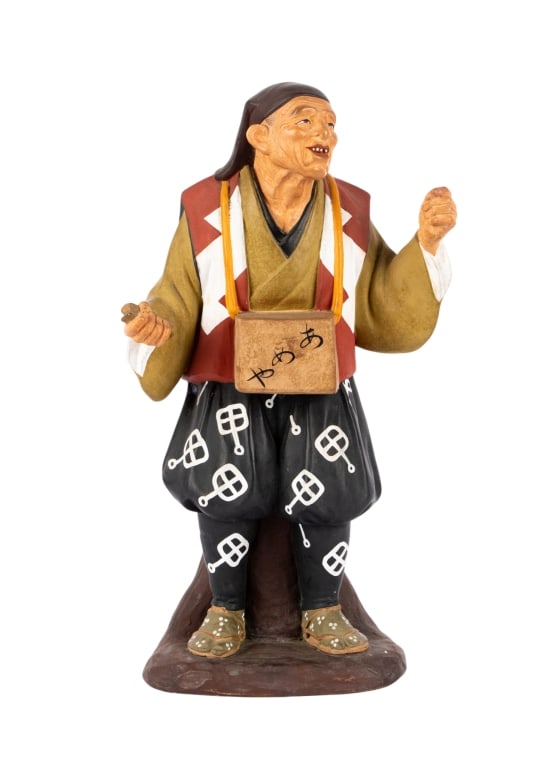 JAPANESE HAKATA CERAMIC FIGURINE: Japanese Hakata ceramic figurine. Approximate dimensions: h. 11.5", w. 6", d. 4" Disclaimer: Participating bidders must have a credit card on file with LiveAuctioneers in order for their bidding