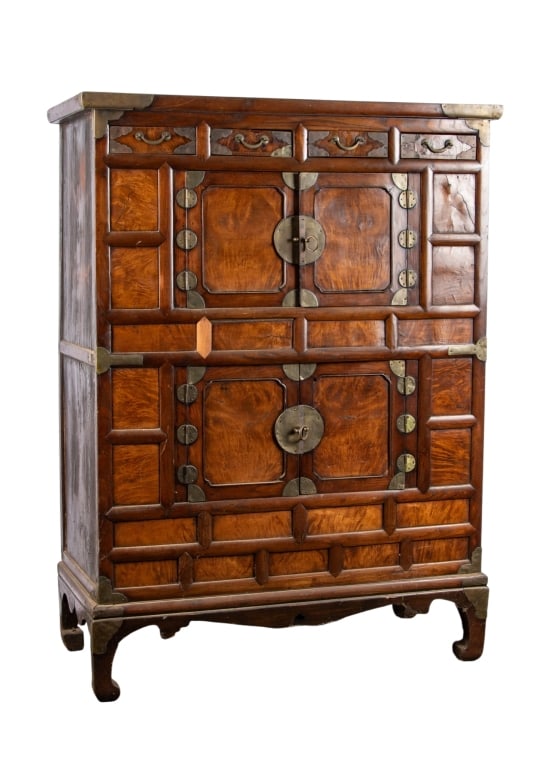 KOREAN TANSU BRIDAL CHEST: Korean Tansu bridal chest. Approximate dimensions: h. 57.5", w. 43", d. 19.5" Disclaimer: Participating bidders must have a credit card on file with LiveAuctioneers in order for their bidding