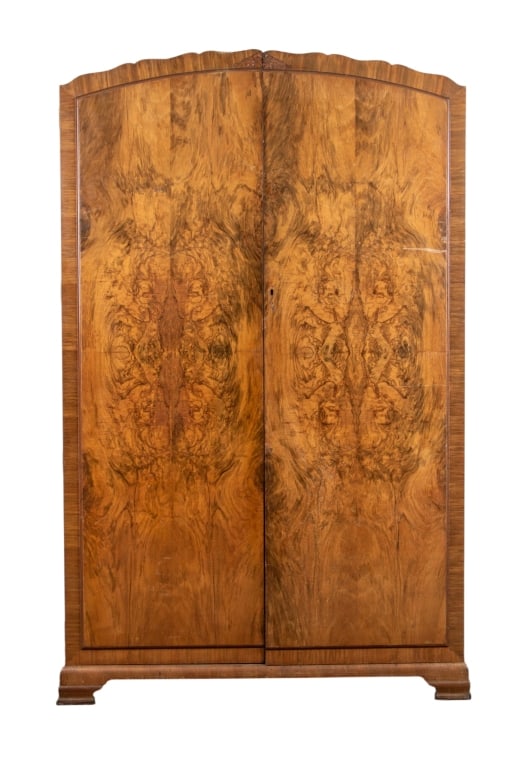 ART DECO BURLWOOD WARDROBE: Art Deco burlwood wardrobe with mirror and brass fittings. Approximate dimensions: h. 76", w. 49", d. 20.5" Disclaimer: Participating bidders must have a credit card on file with LiveAuctioneers in