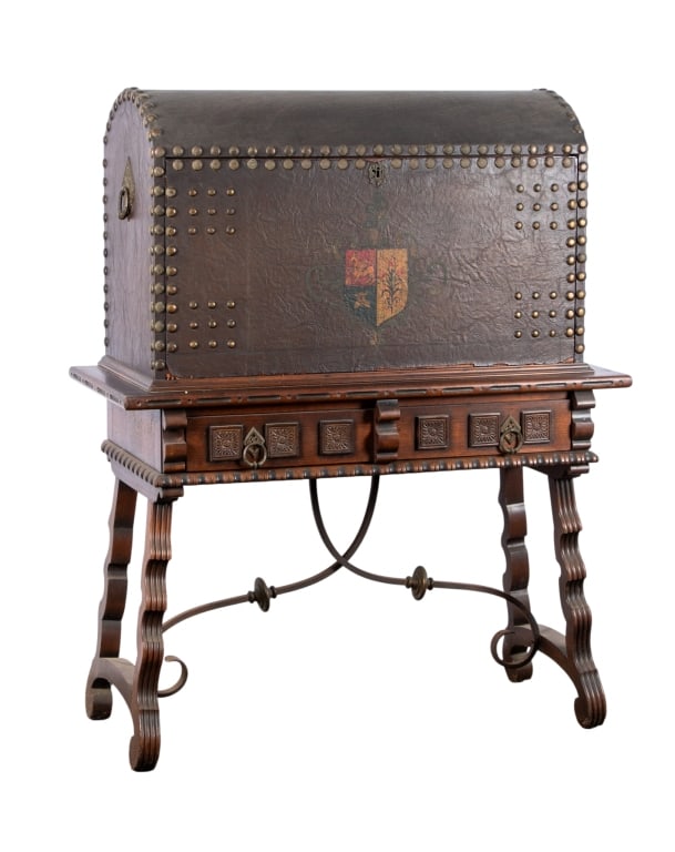 SPANISH REVIVAL FLIP FRONT DESK CABINET: Spanish Revival flip front desk cabinet with iron stretcher and nailhead detail. Approximate dimensions: h. 50", w. 40", d. 18" Disclaimer: Participating bidders must have a credit card on file with