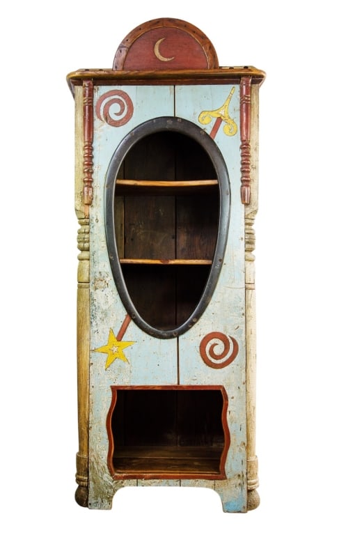 RICHARD DUNBRACK FOLK ART MIXED MEDIA CUPBOARD: RIchard Dunbrack folk art mixed media cupboard. Approximate dimensions: h. 83", w. 34", d. 19" Disclaimer: Participating bidders must have a credit card on file with LiveAuctioneers in order for