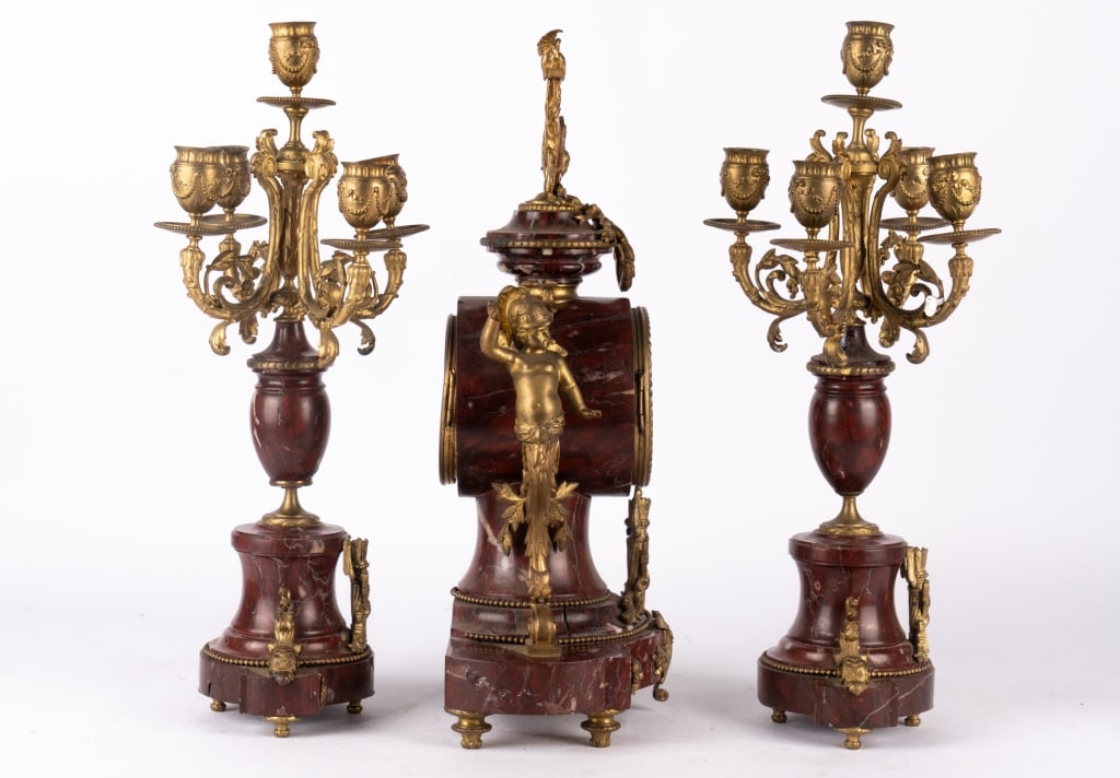 JAPY FRERES GILT BRONZE & MARBLE MANTEL SET - 2