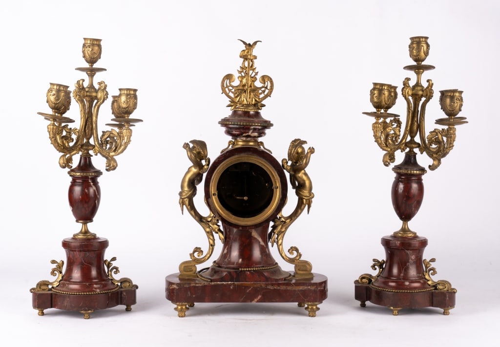 JAPY FRERES GILT BRONZE & MARBLE MANTEL SET - 3