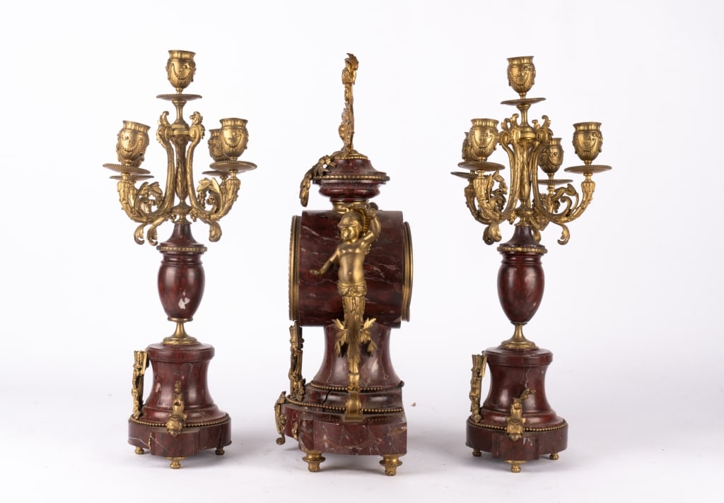 JAPY FRERES GILT BRONZE & MARBLE MANTEL SET - 4