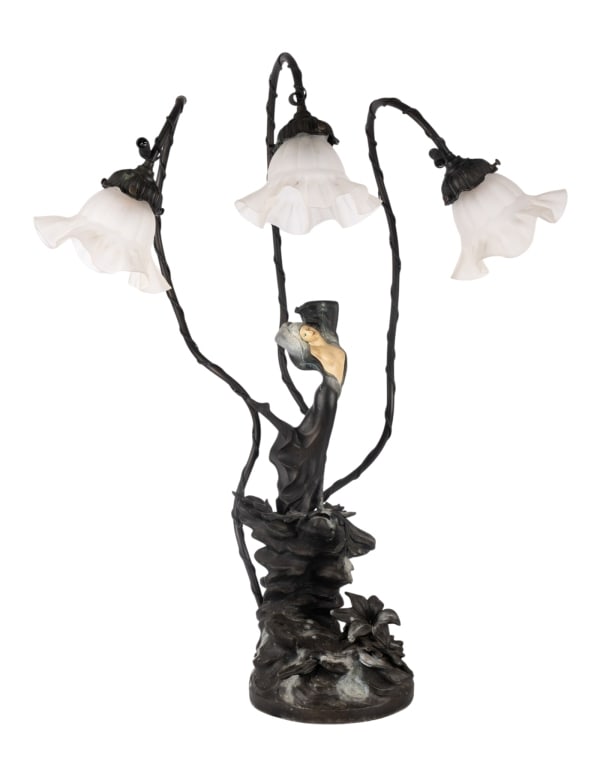 ART NOUVEAU STYLE FIGURAL LAMP: Art Nouveau style figural lamp. Approximate dimensions: h. 29", w. 23", d. 13" Disclaimer: Participating bidders must have a credit card on file with LiveAuctioneers in order for their bidding
