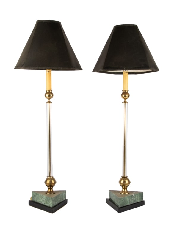 PAIR OF POST-MODERN MARBLE & BRASS TABLE LAMPS: Pair of post-modern table lamps with triangle marble bases, brass accents, clear necks, and black shades. Approximate dimensions: h. 32", w. 11", d. 10" Disclaimer: Participating bidders must have a