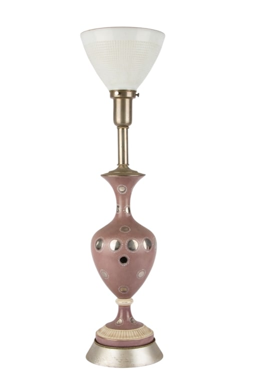 MID-CENTURY MODERN VASE TABLE LAMP: Mid-century modern vase table lamp, pink with chrome accents and torchiere shade. Approximate dimensions: h. 30.25", w. 6", d. 6" Disclaimer: Participating bidders must have a credit card on file