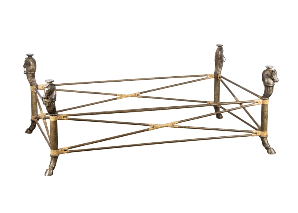 METAL COFFEE TABLE BASE: Metal coffee table base with horse head and gold corners. Approximate dimensions: h. 20", w. 53", d. 34" Disclaimer: Participating bidders must have a credit card on file with LiveAuctioneers in