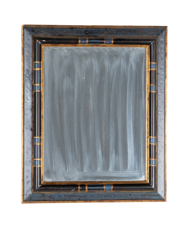 SMALL POLYCHROME HAND-PAINTED WOOD MIRROR: Small polychrome hand-painted wood mirror in blue, black, and gold. Approximate dimensions: h. 18", w. 14.75", d. 1.75" Disclaimer: Participating bidders must have a credit card on file with