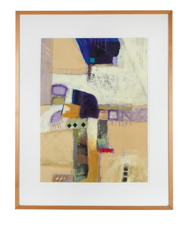 DEBRA T. COLTER, TIMELY ARRIVAL, MIXED MEDIA: Debra T. Colter. "Timely Arrival" - mixed media on paper, signed to verso. Framed. Approximate dimensions: h. 38.75", w. 30.75", d. 2.5" Disclaimer: Participating bidders must have a credit card on
