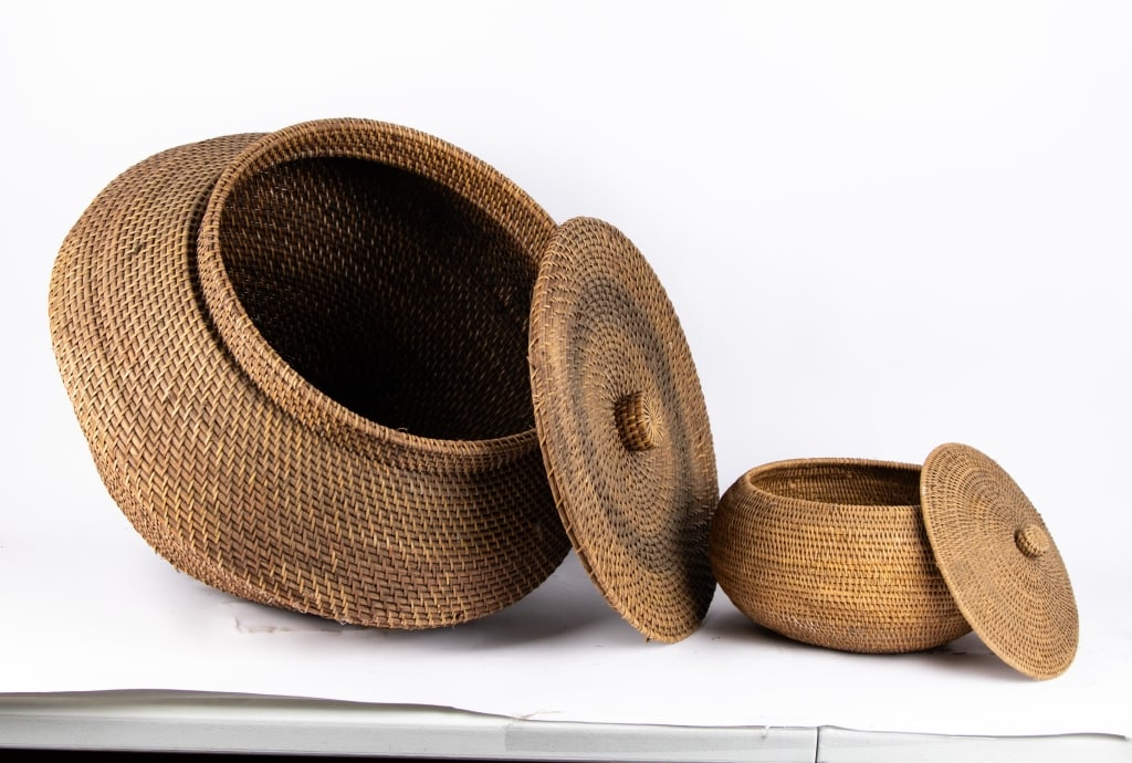 TWO WOVEN COILED LIDDED BASKETS - 2