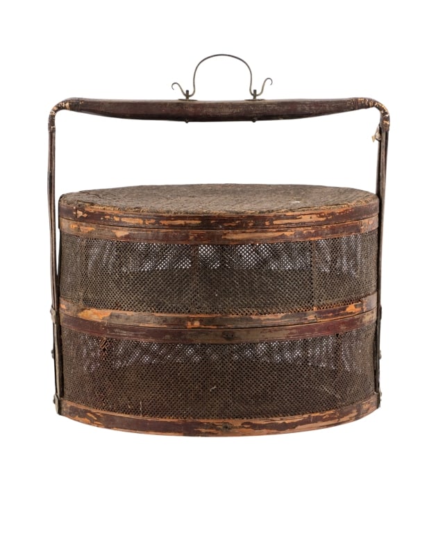 VINTAGE CHINESE TWO-TIER STEAMER BASKET: Vintage Chinese two-tier steamer basket. Approximate dimensions: h. 17", dia. 18" Disclaimer: Participating bidders must have a credit card on file with LiveAuctioneers in order for their bidding