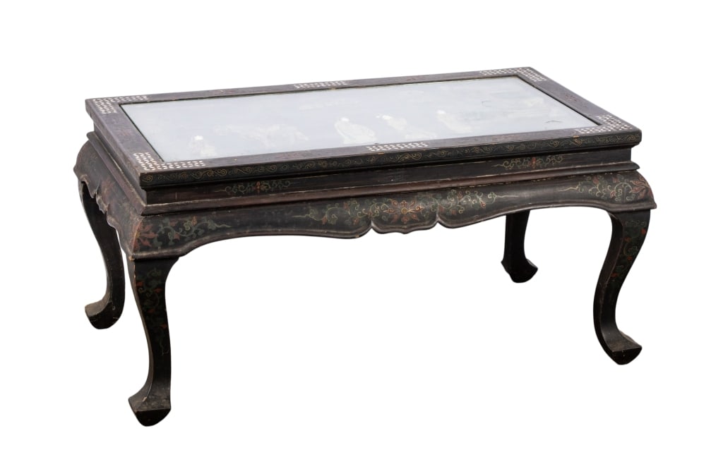 VINTAGE BLACK LACQUER COFFEE TABLE: Vintage black lacquer coffee table with glass top and mother of pearl inlay. Approximate dimensions: h. 18.5", w. 38", d. 22" Disclaimer: Participating bidders must have a credit card on file with