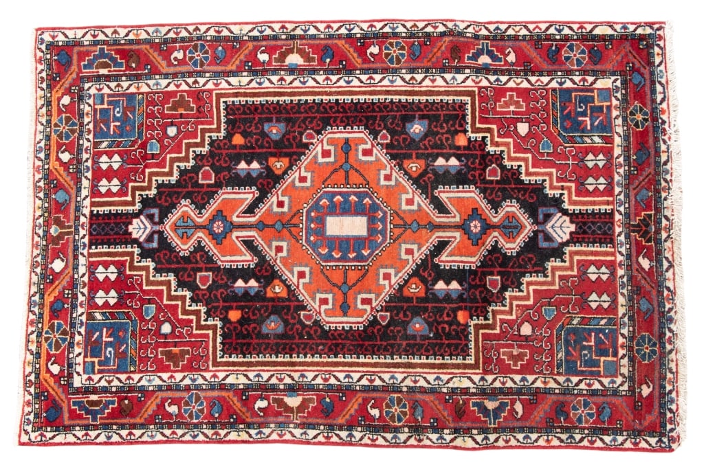 VINTAGE PERSIAN BAKHTIARI RUG: Approximate dimensions: l. 3'5", w. 5'0" Disclaimer: Participating bidders must have a credit card on file with LiveAuctioneers in order for their bidding registration to be approved. Credit cards wil
