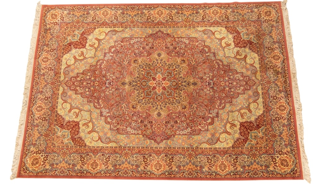 VINTAGE TABRIZ RUG: Approximate dimensions: l. 11'5", w. 8'3" Disclaimer: Participating bidders must have a credit card on file with LiveAuctioneers in order for their bidding registration to be approved. Credit cards
