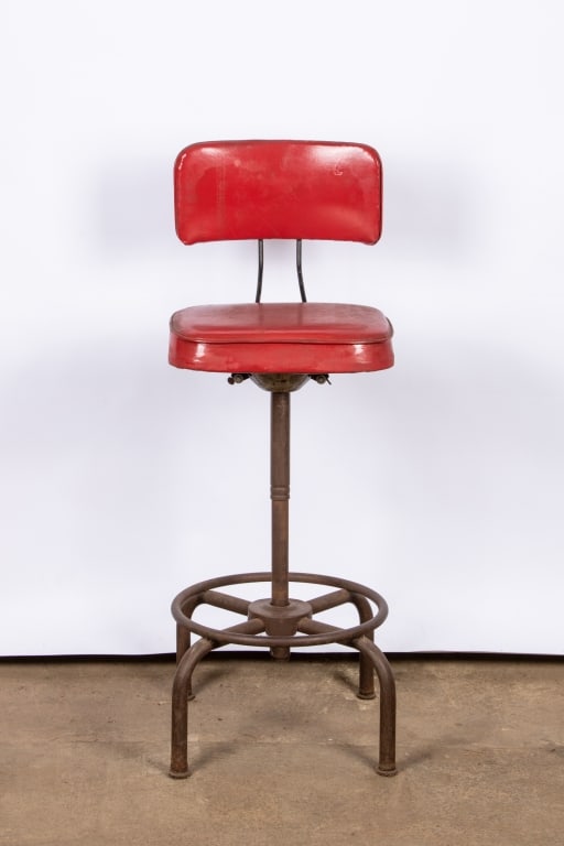 RED INDUSTRIAL LEATHER SWIVEL BAR STOOL - 2