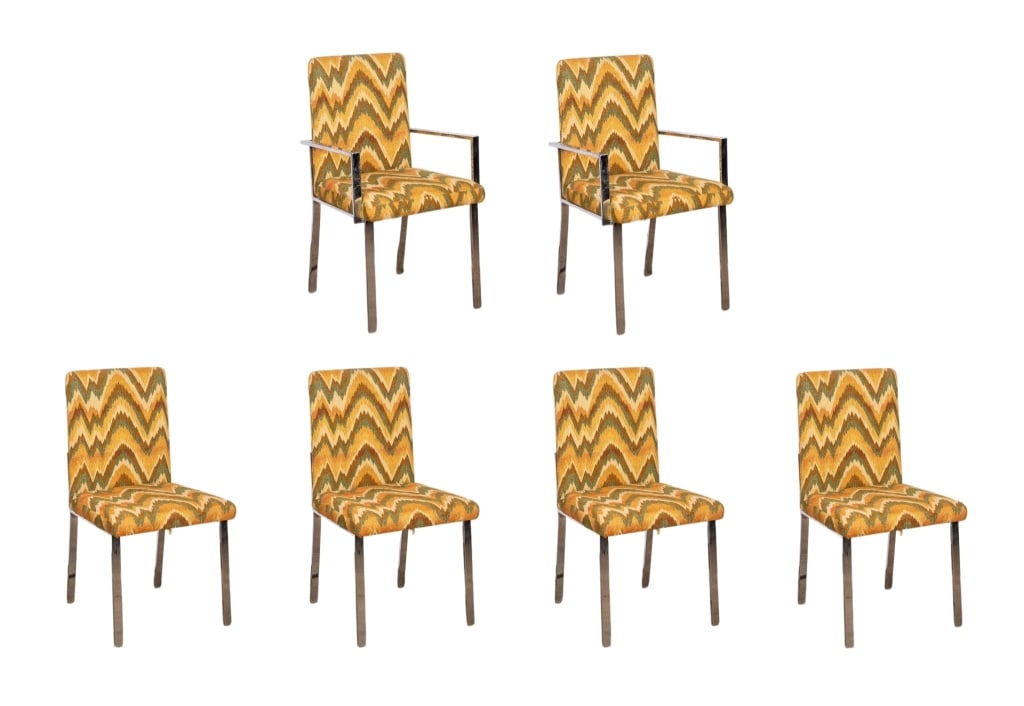 SET OF 6 CHROME CHAIRS WITH ZIGZAG PATTERN: Set of 6 chrome chairs with zigzag pattern. Approximate dimensions: h. 36", w. 22", d. 19" Disclaimer: Participating bidders must have a credit card on file with LiveAuctioneers in order for their