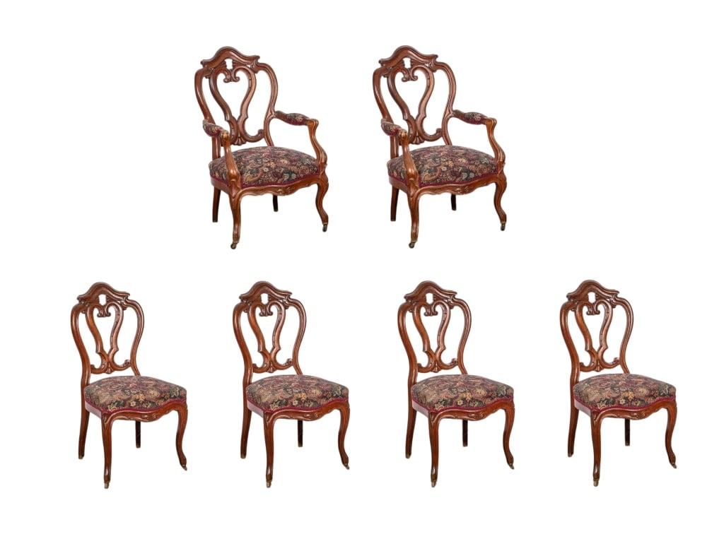 SET OF 6 BAROQUE STYLE DINING CHAIRS: Set of 6 Baroque style dining chairs. Approximate dimensions: h. 38.5", w. 23", d. 19" Disclaimer: Participating bidders must have a credit card on file with LiveAuctioneers in order for their