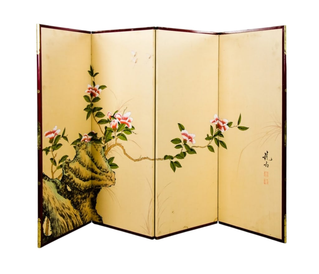 CHINESE HAND-PAINTED FLORAL BRANCH SCREEN: Chinese hand-painted floral branch screen. Approximate dimensions: h. 35", w. 60", d.1" Disclaimer: Participating bidders must have a credit card on file with LiveAuctioneers in order for their