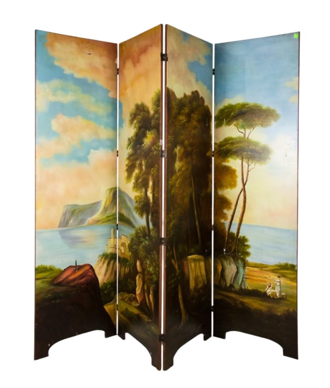 LARGE-HAND PAINTED ROOM DIVIDER: Large hand-painted room divider. Approximate dimensions: h. 82", w. 24", d. 0.75" Disclaimer: Participating bidders must have a credit card on file with LiveAuctioneers in order for their bidding