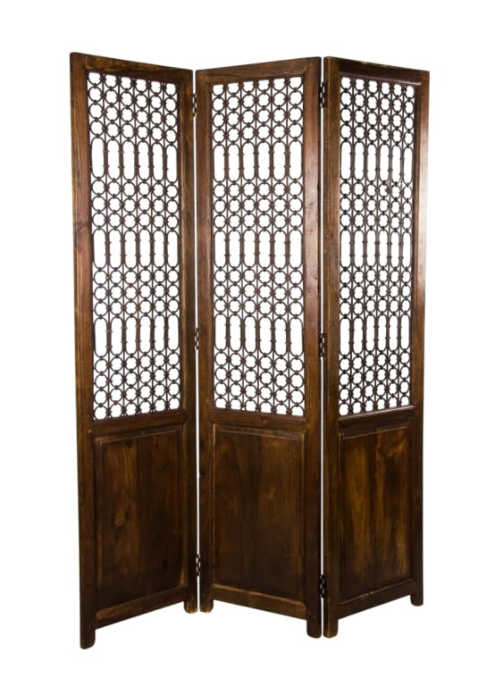VINTAGE WOOD SCREEN WITH IRON ACCENTS: Vintage wood screen with iron accents. Approximate dimensions: h. 72", w. 54", d. 1" Disclaimer: Participating bidders must have a credit card on file with LiveAuctioneers in order for their bidding