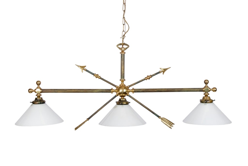 BRASS 3 LIGHT BILLIARD STYLE CHANDELIER: Brass 3-light billiard style chandelier with hand-blown white glass shades, made in France. Approximate dimensions: h. 16.5", w. 44", d. 10" Disclaimer: Participating bidders must have a credit card