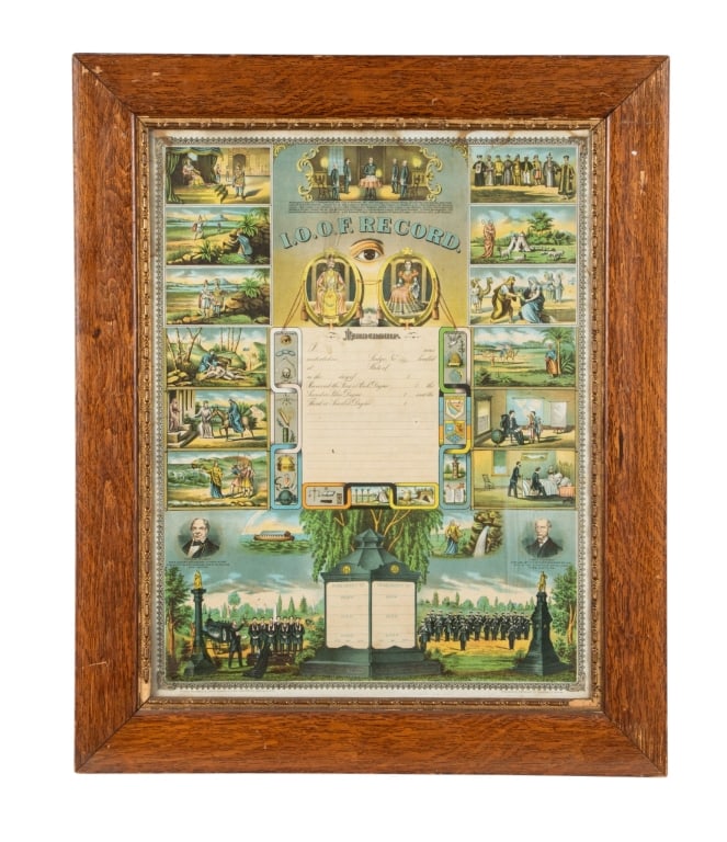 ODD FELLOWS FRAMED MEMBERSHIP RECORD: Odd Fellows framed membership record in oak frame. Approximate dimensions: h. 33.75", w. 27.75", d. 0.75" Disclaimer: Participating bidders must have a credit card on file with LiveAuctioneers in