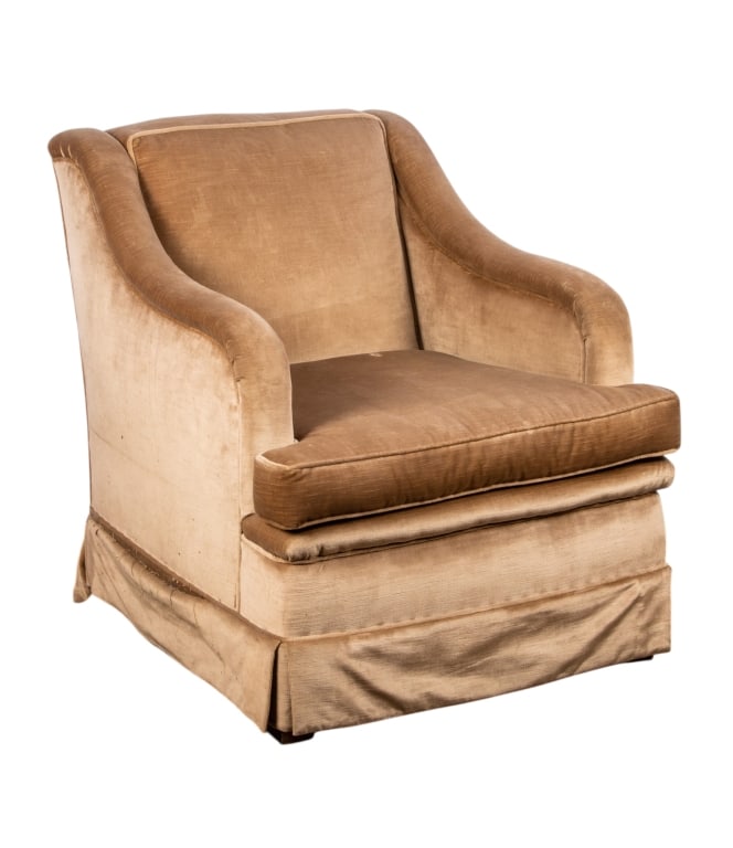 20TH C. HOLLYWOOD REGENCY STYLE ARMCHAIR: 20th century Hollywood Regency style armchair with velvet upholstery. Approximate dimensions: h. 32", w. 27", d. 30" Disclaimer: Participating bidders must have a credit card on file with