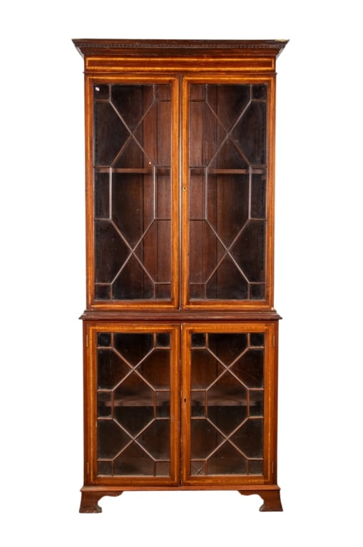 GEORGE III STYLE BREAKFRONT BOOKCASE: George III style breakfront bookcase with inlaid details. Approximate dimensions: h. 82", w. 35", d. 16" Disclaimer: Participating bidders must have a credit card on file with LiveAuctioneers in