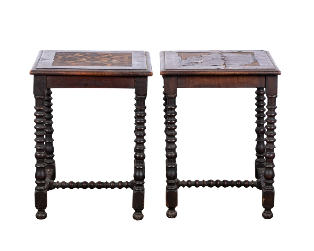 PAIR OF JACOBEAN STYLE OAK SIDE TABLES: Pair of Jacobean style oak side tables with barley twist legs, stretcher base, and floral details. Approximate dimensions: h. 19.5", w. 14.75", d. 14.75" Disclaimer: Participating bidders must have a