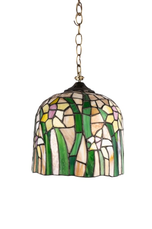 TIFFANY STYLE FLORAL PENDANT LIGHT: Tiffany style floral pendant light with colored stained glass floral design. Approximate dimensions: h. 14", dia. 11" Disclaimer: Participating bidders must have a credit card on file with
