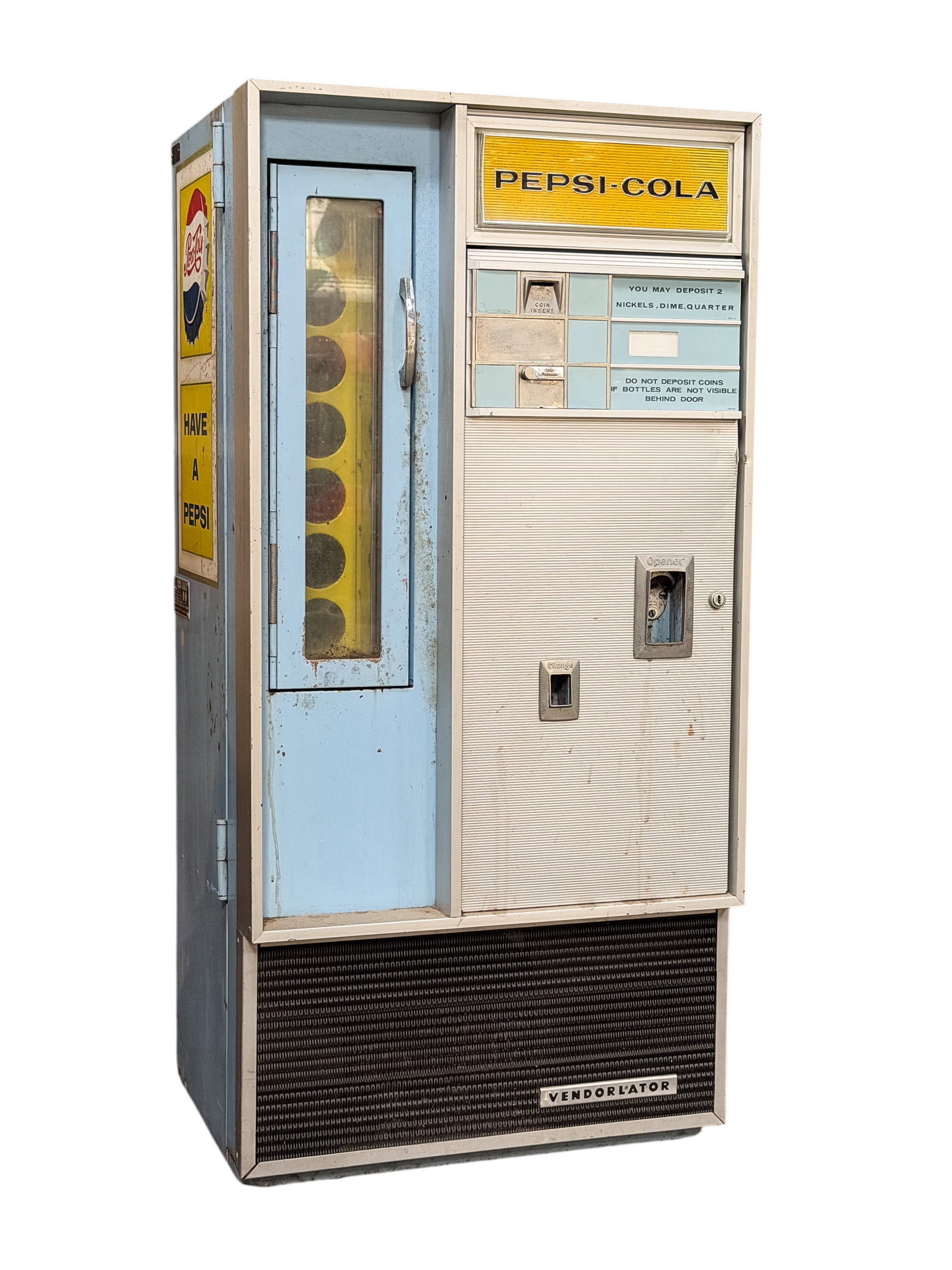 VENDOLATOR PEPSI-COLA MACHINE-VF56B-J: A vintage Pepsi Vendolator light blue aluminum vending machine circa 1960's with key. Tested and fully functioning cooling unit. Model No. VF56B-J. label reads "Serial No.: 32930B56P", "VT23B