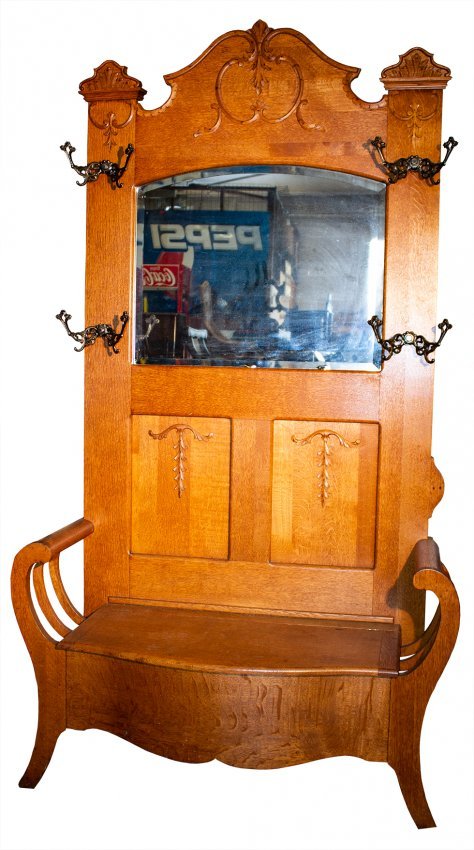 1890 American quarter sawn oak hall seat coat rack (1 of 4)