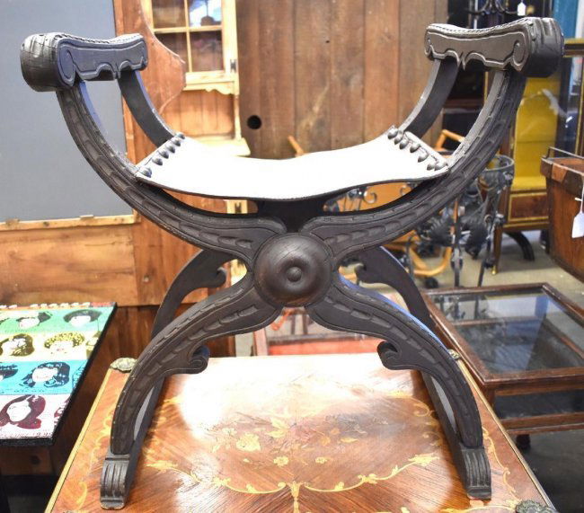 19th C. folding X frame chair with leather seat19th C. (1 of 2)