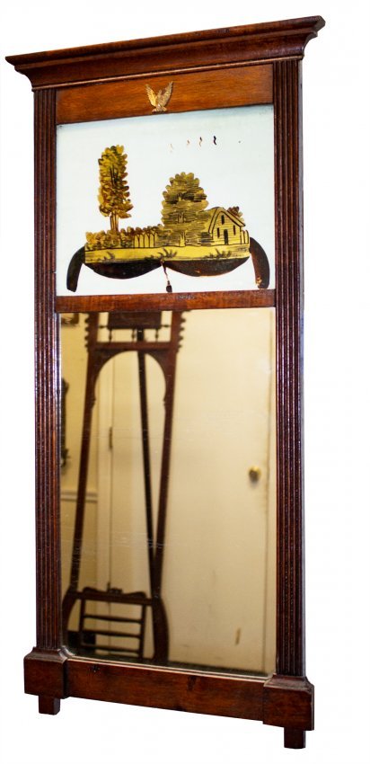 Sheraton mahogany mirror with reverse painted scene (1 of 4)