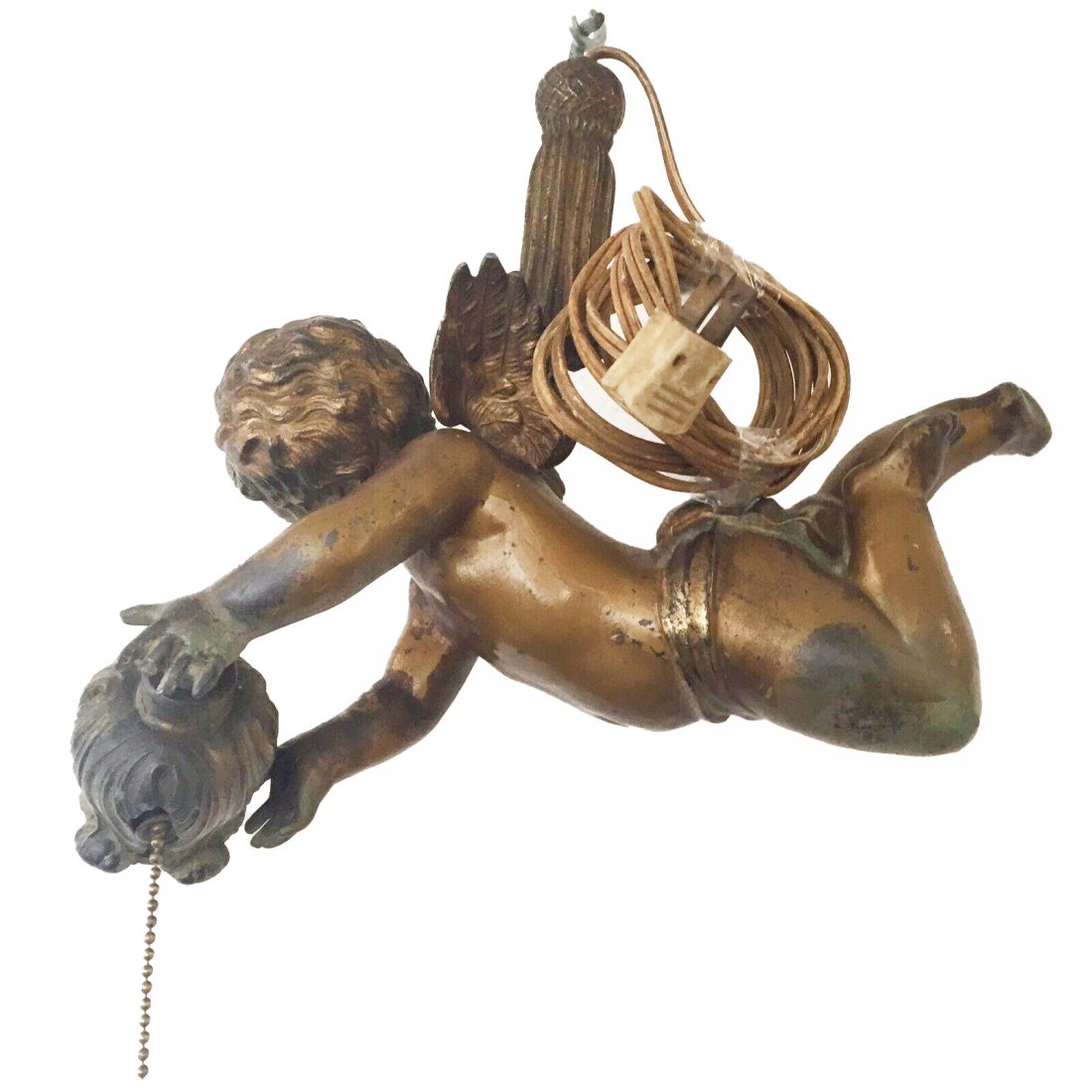 1910 bronze hanging light fixture winged angel cherub (1 of 5)