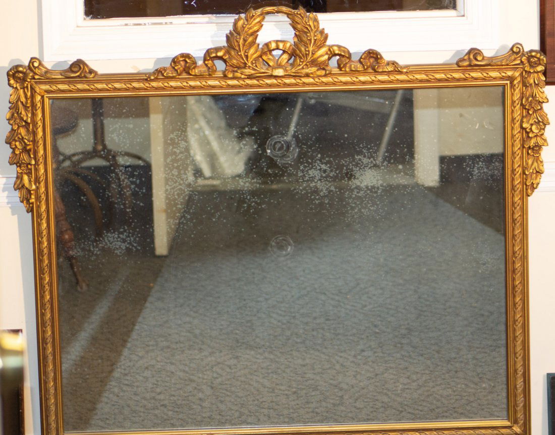 Vintage gilded and painted mirror: Beautiful painted and gilded mirror with floral & ribbon wreath crest 34"h x 36"w