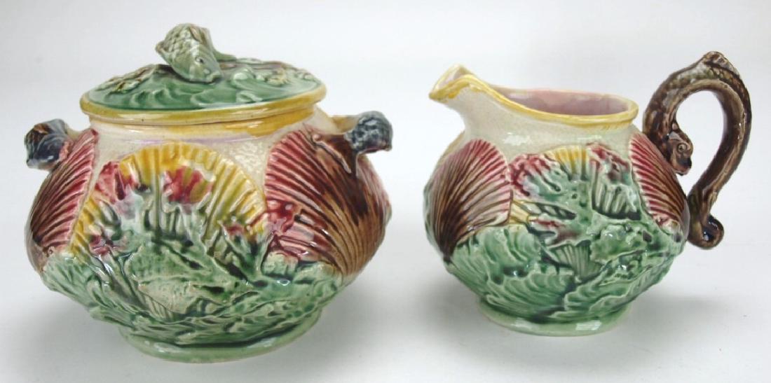 Majolica shells & waves sugar & creamer with fish (1 of 1)